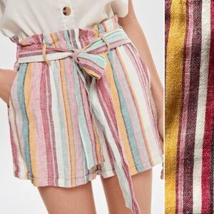 Only Pink Stripe Linen Paperbag Shorts Beachy Boho Pull On Elastic  Waist Sz 38